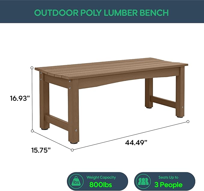Weatherproof HIPS Outdoor Bench, 2-Person Patio Dining Bench, All-Weather Poly Lumber Garden Bench, Never Rot or Fade, Park Bench with Wood Grains for Porch, Deck, Entryway, Dark Brown