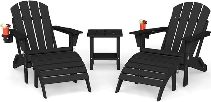 Adirondack Chair with Footrest and Table Set,Folding Chair with Retractable Ottoman,HDPE All Weather Fire Pit Chair with Cup Holder,5-Piece(Black, 2 Chair & 2 footrest & 1 Table)