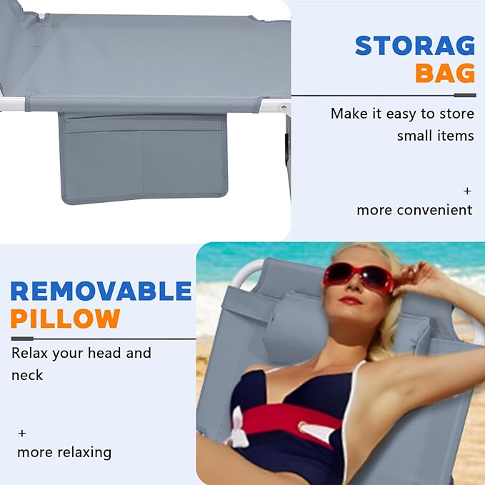 3-in-1 Heavy Duty Tanning Chair with Face Hole Adjustable 5-Position Folding Chaise Lounge Chairs Portable Lay Flat Beach Lounge Chair for Outdoor Sunbathing Patio Pool Lawn Camping Deck (Gray)