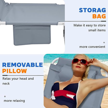 3-in-1 Heavy Duty Tanning Chair with Face Hole Adjustable 5-Position Folding Chaise Lounge Chairs Portable Lay Flat Beach Lounge Chair for Outdoor Sunbathing Patio Pool Lawn Camping Deck (Gray)
