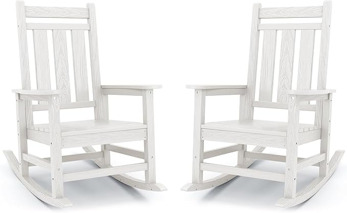 KINGYES Oversized Outdoor Rocking Chair Set of 2, All-Weather Patio Rocking Chairs for Porch, HDPE Outdoor Patio Rockers with High Back & Wide Seat for Garden, Lawn, White