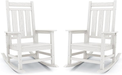 KINGYES Oversized Outdoor Rocking Chair Set of 2, All-Weather Patio Rocking Chairs for Porch, HDPE Outdoor Patio Rockers with High Back & Wide Seat for Garden, Lawn, White