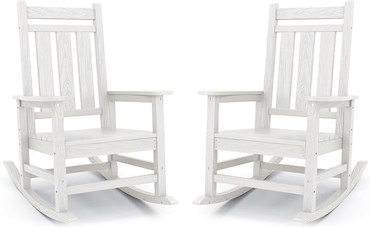 KINGYES Oversized Outdoor Rocking Chair Set of 2, All-Weather Patio Rocking Chairs for Porch, HDPE Outdoor Patio Rockers with High Back & Wide Seat for Garden, Lawn, White