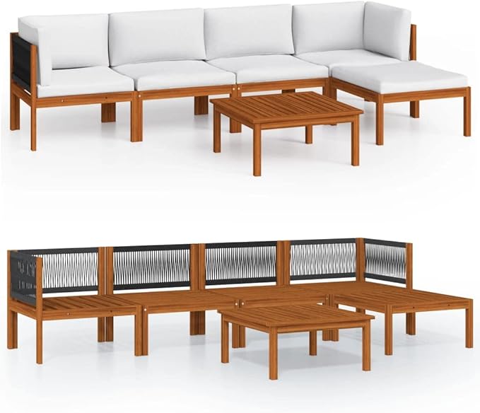 6-Piece Acacia Wood Garden Lounge Set with Modular Design, Weather-Resistant Cushions, Corner Sofas, Coffee Table, and Footrest for Outdoor Patio Furniture Arrangement