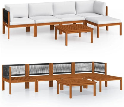 6-Piece Acacia Wood Garden Lounge Set with Modular Design, Weather-Resistant Cushions, Corner Sofas, Coffee Table, and Footrest for Outdoor Patio Furniture Arrangement