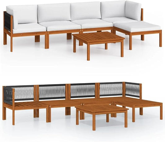 6-Piece Acacia Wood Garden Lounge Set with Modular Design, Weather-Resistant Cushions, Corner Sofas, Coffee Table, and Footrest for Outdoor Patio Furniture Arrangement
