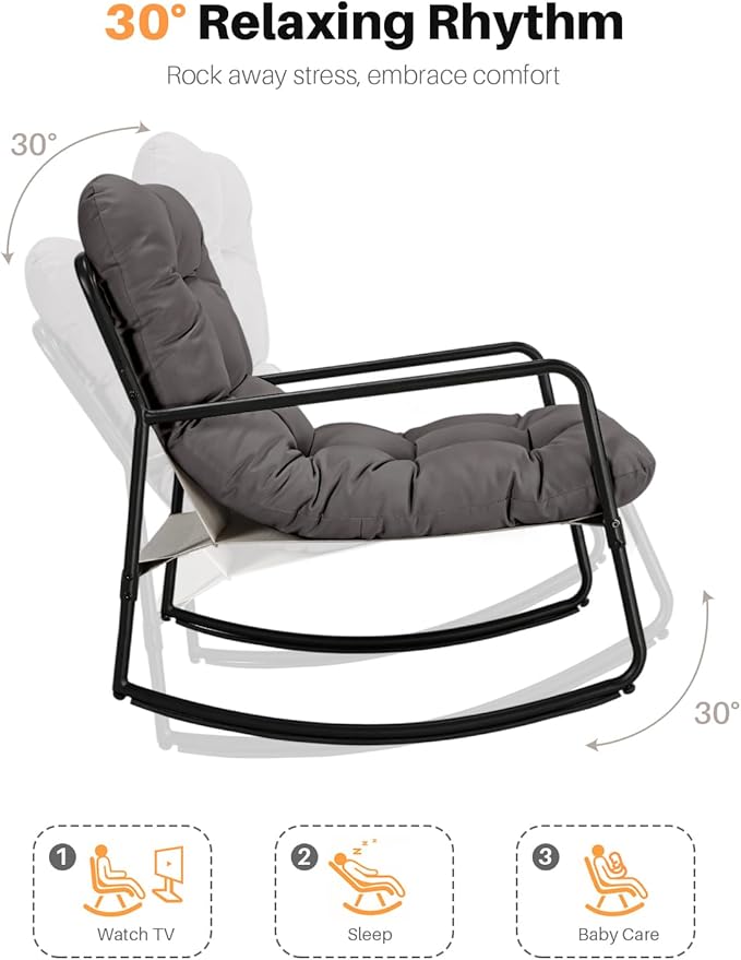 3 Pieces Outdoor Conversation Set, Metal Patio Bistro Set with 2 Outdoor Rocking Chairs and Side Table, Patio Furniture Set with Cushions for Apartment, Porch, Balcony, Poolside, Dark Grey