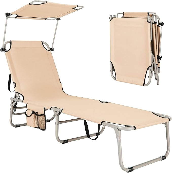 GYMAX Beach Chair with Canopy Shade, Folding Tanning Lounge with Adjustable Backrest, Carry Handle & Side Pocket - Photo 1