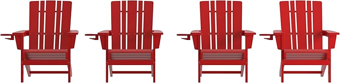 Taylor & Logan Hedley Adirondack Chair with Cup Holder, Weather Resistant HDPE Adirondack Chair in Red, Set of 4
