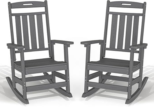 Plawdlik HDPE Rocking Chair,Oversized Outdoor Rocking Chair Set of 2,Patio Rocking Chair All Weather Resistant-Grey