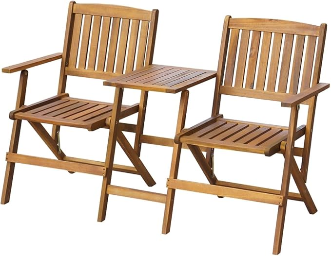 Brown Solid Acacia Wood Folding Garden Bench with Tea Table Foldable Outdoor Seating for Patio Balcony