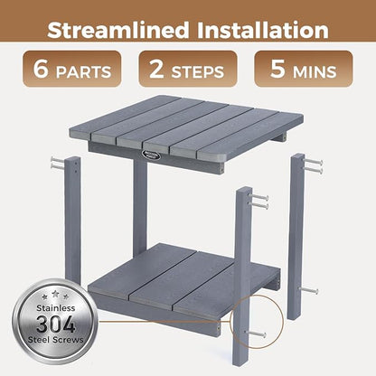 Square Outdoor Side Table Adirondack Side Table, Water-resistant & 2-Tier Small End Table for Patio, Beach Chair & Poolside, Bedside Table for Living Room & Bedroom, Easy Assembly, Grey