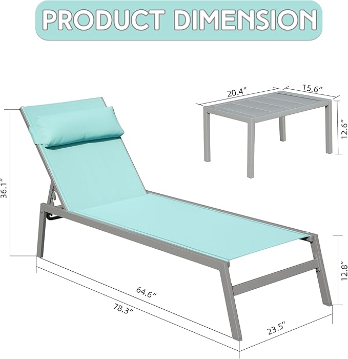 Domi Patio Chaise Lounge Set of 3, Aluminum Pool Lounge Chairs with Side Table - Photo 2