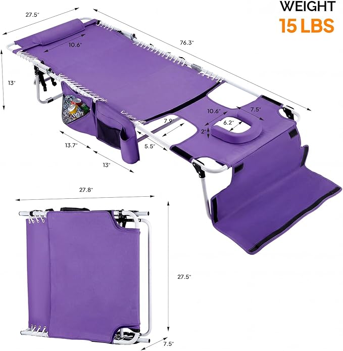 VINGLI Oversized Tanning Chair with Face Hole & Carrying Bag, Beach Lounge Chair Outdoor for Adults, Folding Lounge Chair for Sun Tanning, laying Out Chairs for Tanning Lounger Outside, 475lbs, Purple