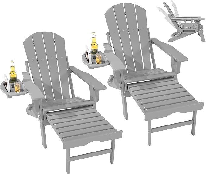 FOOWIN Folding Adjustable Adirondack Chair with Retractable Ottoman Set of 2, HDPE Adirondack Chair w/4 in 1 Cup Holder Trays,All-Weather Resistant Fire Pit Chair for Outdoor Patio Lawn, White Grey