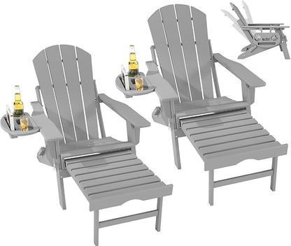FOOWIN Folding Adjustable Adirondack Chair with Retractable Ottoman Set of 2, HDPE Adirondack Chair w/4 in 1 Cup Holder Trays,All-Weather Resistant Fire Pit Chair for Outdoor Patio Lawn, White Grey
