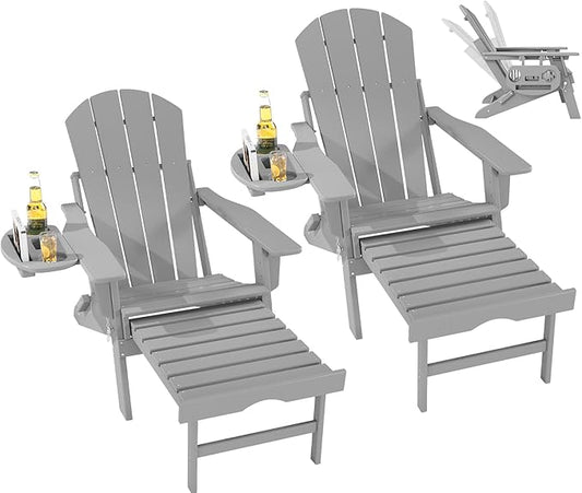 FOOWIN Folding Adjustable Adirondack Chair with Retractable Ottoman Set of 2, HDPE Adirondack Chair w/4 in 1 Cup Holder Trays,All-Weather Resistant Fire Pit Chair for Outdoor Patio Lawn, White Grey