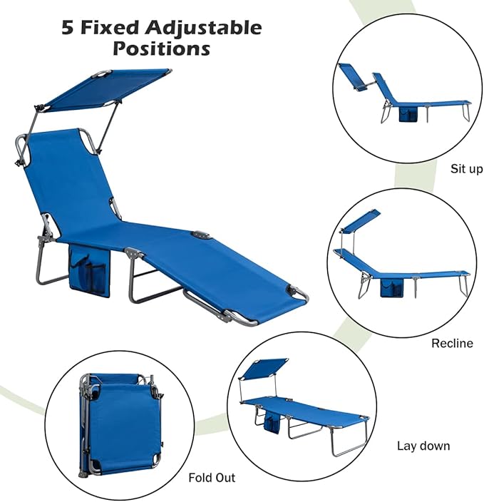 Giantex Tanning Chair, Patio Chaise Lounge Chair with 5 Adjustable Position, Shade Canopy, Storage Pocket, Camping Cot - Photo 6