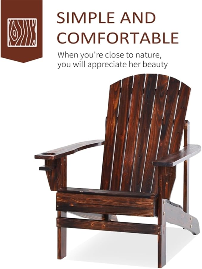 Folding Adirondack Chair, Weather Resistant Outdoor Patio Chair with Cup Holder for Lawn, Backyard, Poolside(Brown)