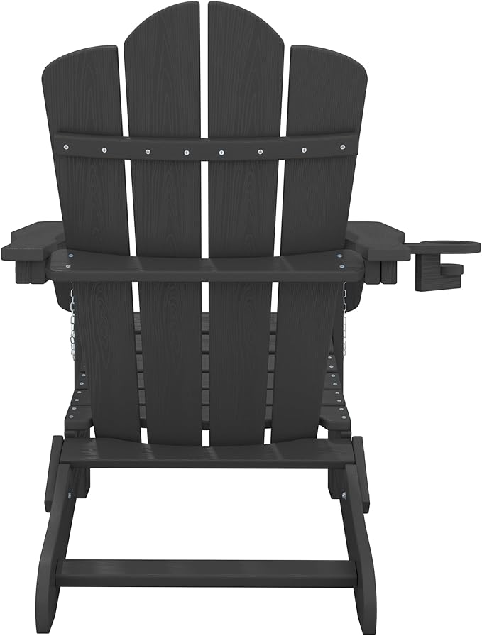 KINGYES Folding Adirondack Chair, HDPE All-Weather Patio Chairs with Cup Holder, Wooden Textured Fire Pit Chairs for Poolside, Backyard, Deck, Black