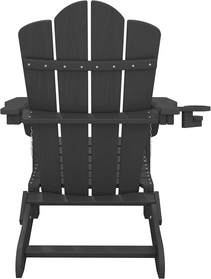 KINGYES Folding Adirondack Chair, HDPE All-Weather Patio Chairs with Cup Holder, Wooden Textured Fire Pit Chairs for Poolside, Backyard, Deck, Black