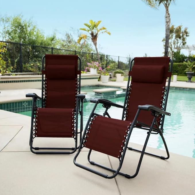 Caravan Sports Zero Gravity Recliner Lounge Chair for Indoor and Outdoor Use with Smooth Recline Function, Dual Finger Tip Locking System, and Pillow for Lumbar and Head Support, Burgundy (Pair)