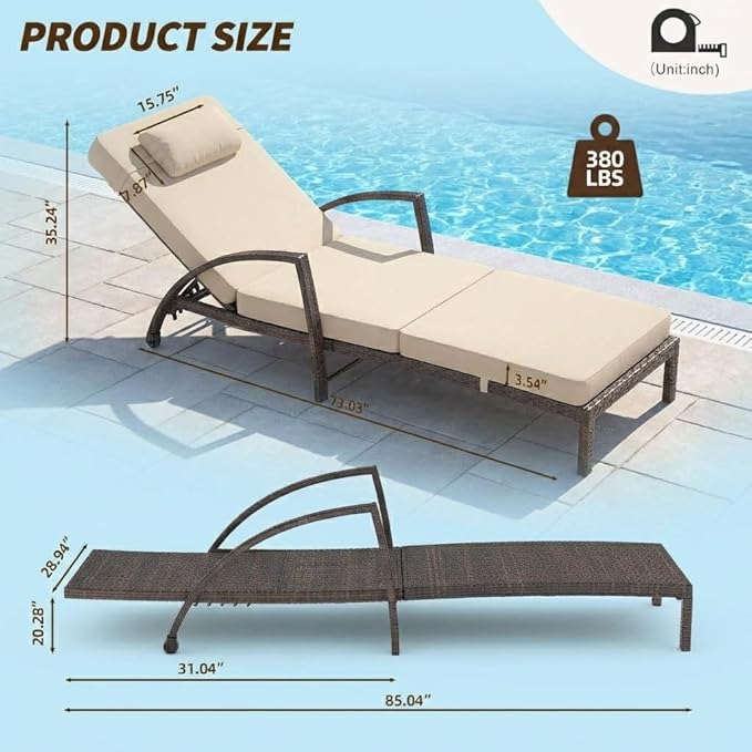 GarveeLife Outdoor Wicker Chaise Lounge Chair with Cushion, Metal Frame Patio Reclining Lounge Bed - Photo 3