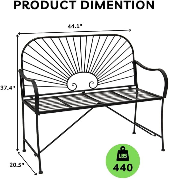 XBrand 44" L Iron Sun-Patterned Seat for Two, Patio & Porch Furniture for Park, Yard, Lawn, Balcony, Backyard – Black - Photo 3