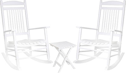 MUPATER Outdoor Rocking Chair Sets 3-Piece, Bistro Table and Chairs Set of 2,Patio Wooden Rocker Bistro Set with Foldable Table and Curved Seat, White