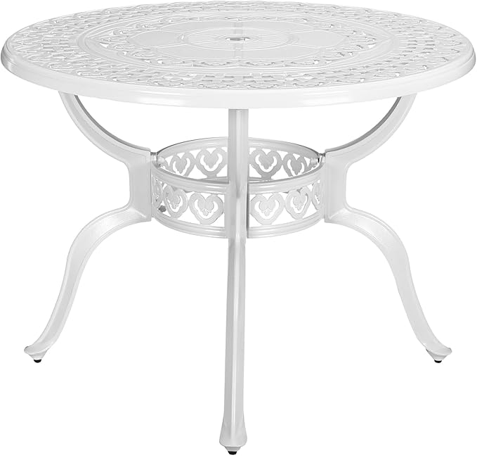 VIVIJASON 38.5" Patio Bistro Table Outdoor Dining Round Table White Cast Aluminum Table with Umbrella Hole