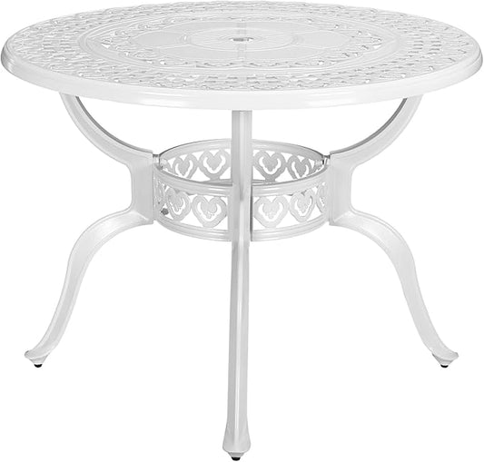 VIVIJASON 38.5" Patio Bistro Table Outdoor Dining Round Table White Cast Aluminum Table with Umbrella Hole