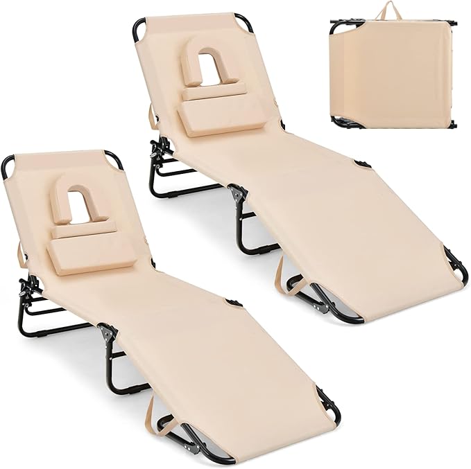 GYMAX Tanning Chair, 330lbs Beach Lounge Chair with Face Hole, Washable Pillow & Carry Strap, Adjustable Folding Chaise Lounge, Layout Lounger for Outside, Patio, Poolside, Lawn (2, Beige)