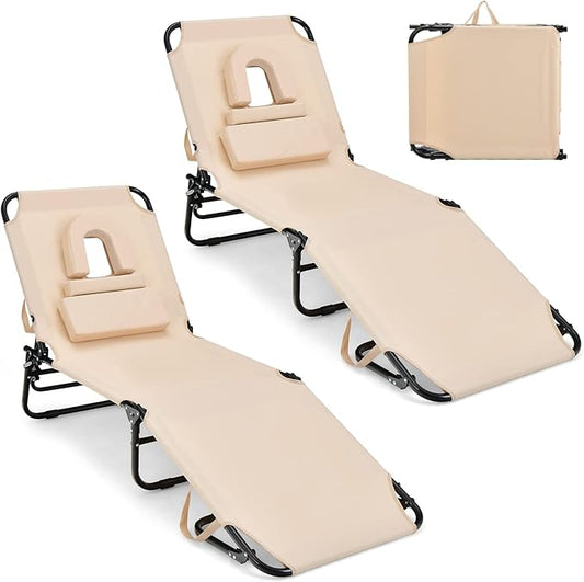 GYMAX Tanning Chair, 330lbs Beach Lounge Chair with Face Hole, Washable Pillow & Carry Strap, Adjustable Folding Chaise Lounge, Layout Lounger for Outside, Patio, Poolside, Lawn (2, Beige)