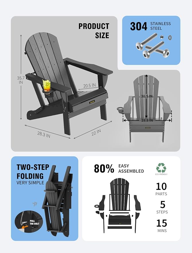 Plastic HDPE Adirondack Chair,Set of 4,Folding Adirondack Chair Weather Resistant with Cup Holder, Wooden Textured Fire Pit Outdoor Chair for Garden, Porch, Lawn, Backyard, Supports 380LBS, Black