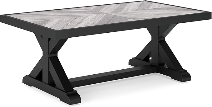 Signature Design by Ashley Beachcroft Farmhouse Weather and Rust Resistant Outdoor Coffee Table with Porcelain Tabletop, Black & Light Gray