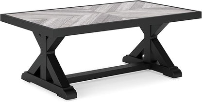 Signature Design by Ashley Beachcroft Farmhouse Weather and Rust Resistant Outdoor Coffee Table with Porcelain Tabletop, Black & Light Gray