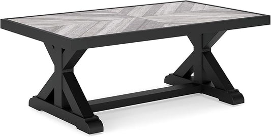 Signature Design by Ashley Beachcroft Farmhouse Weather and Rust Resistant Outdoor Coffee Table with Porcelain Tabletop, Black & Light Gray