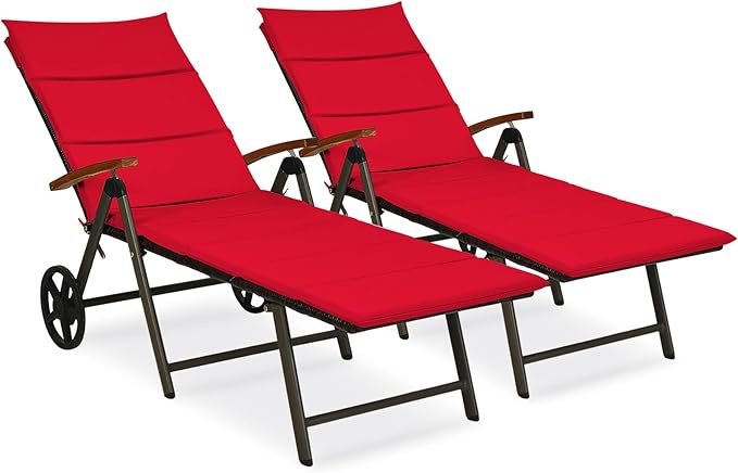 Tangkula Foldable Lounge Chair Outdoor, Wicker Chaise Lounge with Aluminum Frame, 7-Position Adjustable Reclining Pool Lounge Chairs with Wheels, Rattan Lounger with Cushion for Outside Patio Balcony