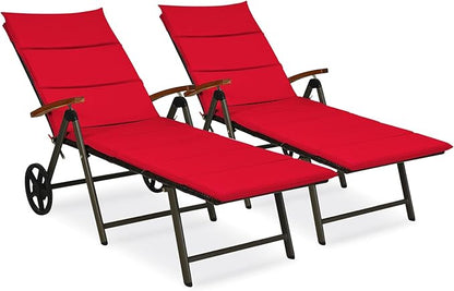 Tangkula Foldable Lounge Chair Outdoor, Wicker Chaise Lounge with Aluminum Frame, 7-Position Adjustable Reclining Pool Lounge Chairs with Wheels, Rattan Lounger with Cushion for Outside Patio Balcony