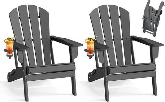 BRIOPAWS Folding-Adirondack-Chairs Set of 2 | HDPE Plastic | Fire Pit Chair | Cup Holder | Curved Back | All Weather| for Outdoor Backyard Deck Patio | Grey