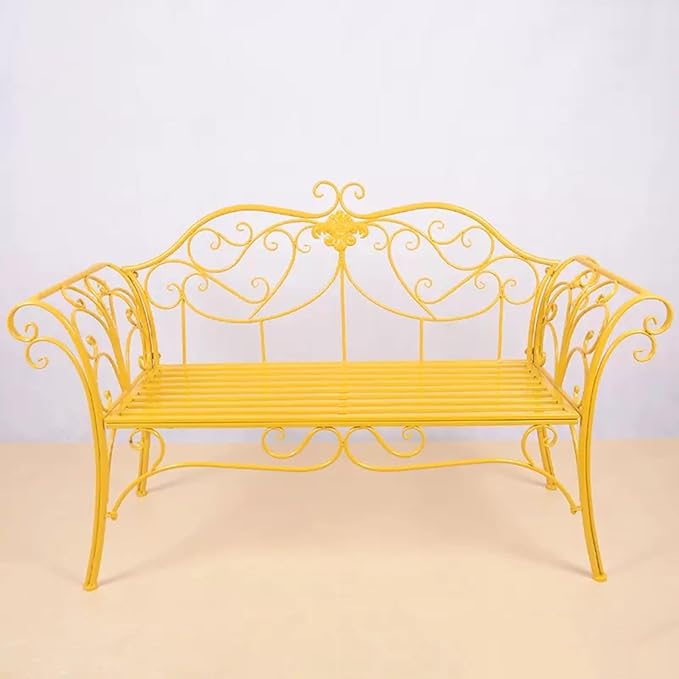Elegant Yellow Metal Garden Bench with Exquisite Carvings for Outdoor Patio, Park, Lawn, and Yard - Stylish European Design for Comfort and Durability