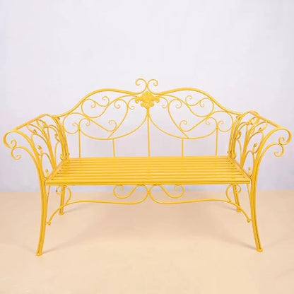 Elegant Yellow Metal Garden Bench with Exquisite Carvings for Outdoor Patio, Park, Lawn, and Yard - Stylish European Design for Comfort and Durability