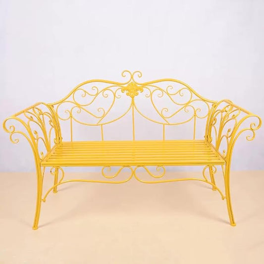 Elegant Yellow Metal Garden Bench with Exquisite Carvings for Outdoor Patio, Park, Lawn, and Yard - Stylish European Design for Comfort and Durability