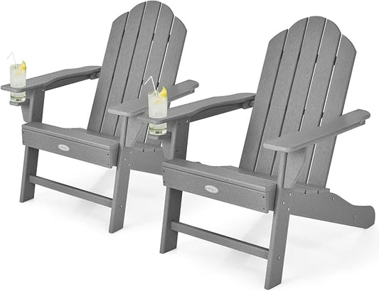 Tangkula Adirondack Chair Outdoor, Fade Resistant HDPE Armchairs with Cup Holder, Weather Resistant Lounger Chairs for Patio Garden Backyard Deck, Lawn Porch Seating, Adirondack Lounger (2, Grey)