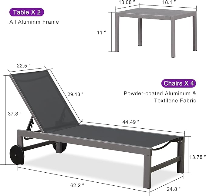 PURPLE LEAF Patio Chaise Lounge Set for 4 Outdoor Pool Lounge Chairs with Adjustable Backrest and Side Tables Aluminum - Photo 3