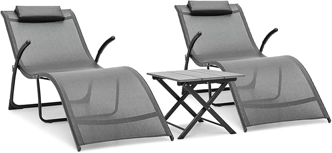 Athena Collection Outdoor Chaise Lounge Set, Metal Frame Pool Lounge Chairs with Folding Side Table and Headrest Armrest, Breathable Sun Lounger for Poolside Backyard Patio Outdoor, Grey