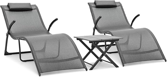 Athena Collection Outdoor Chaise Lounge Set, Metal Frame Pool Lounge Chairs with Folding Side Table and Headrest Armrest, Breathable Sun Lounger for Poolside Backyard Patio Outdoor, Grey