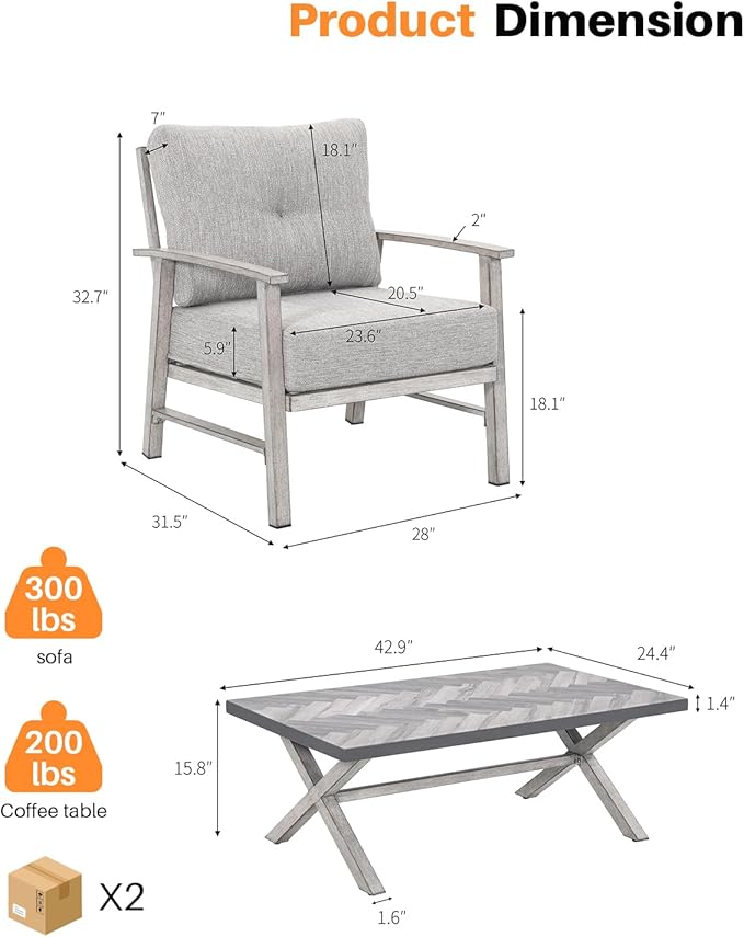 Aluminum Patio Furniture Set, 3 Pieces Outdoor Patio Bistro Set with Washable Thick Cushions, All Weather Outdoor Conversation Sets with Coffee Table for Backyard, Balcony, Lawn, White Oak