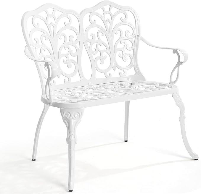 Outdoor Bench, Cast Aluminum Double Seating with Backrest and Armrests, Mental Outdoor Furniture for Patio, Porch, Garden, Park, White Butterfly