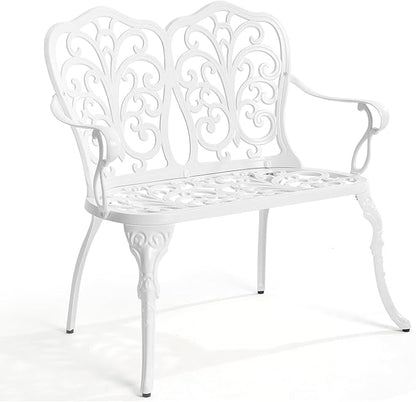 Outdoor Bench, Cast Aluminum Double Seating with Backrest and Armrests, Mental Outdoor Furniture for Patio, Porch, Garden, Park, White Butterfly